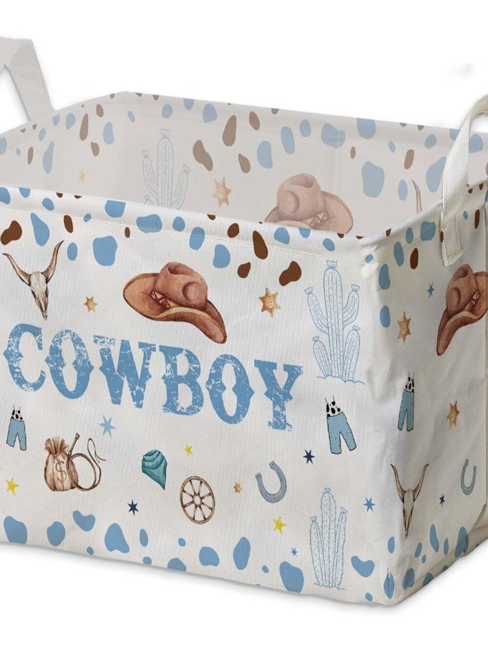 Western Basket for Cowboy Nursery Decor Boy, Blue White Brown Western Toy Bin, C